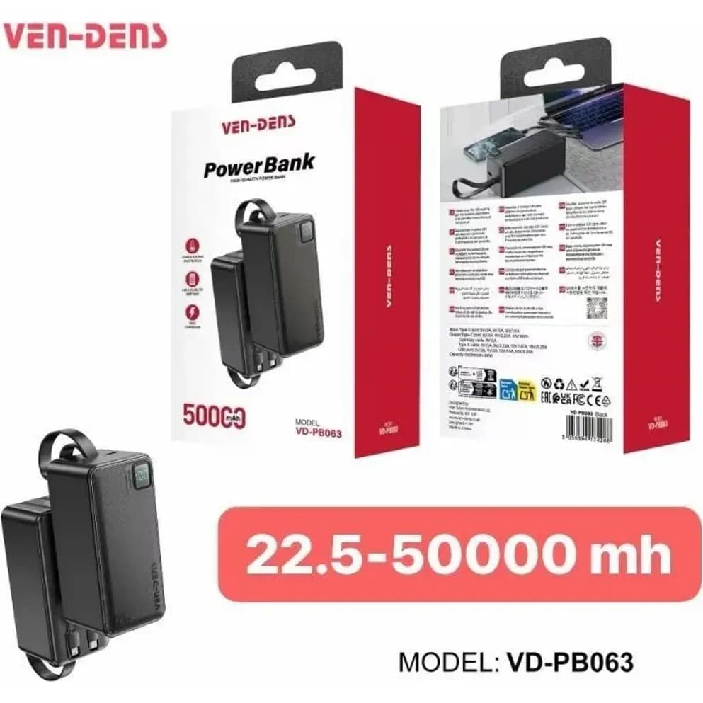 Ven-Dens 50000mAh VD-PB063 22.5W Fast Charging Power Bank with Digital Display & Built-in Cables